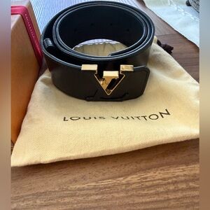 Louis Vuitton Black Leather Belt with Gold 'V' Buckle